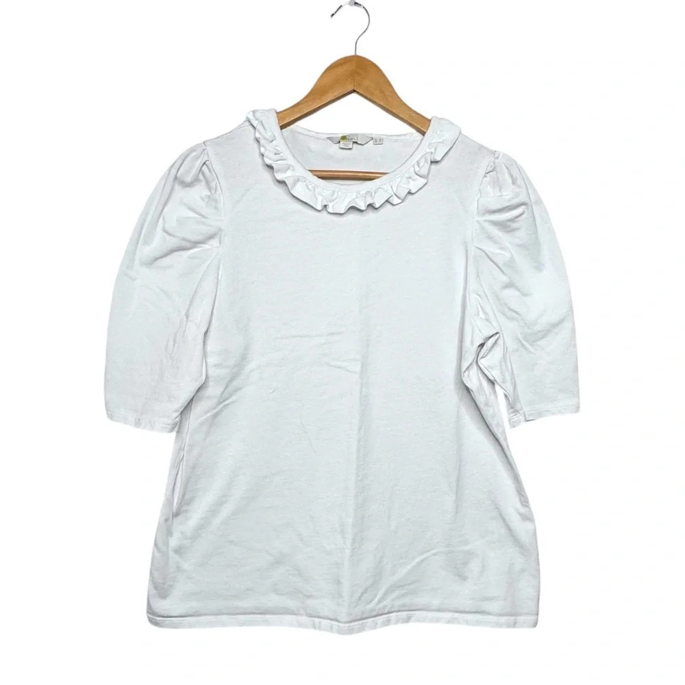 Boden White Ruffle Neck Short Sleeve Cotton Shirt. Gathered Shoulder. US 14